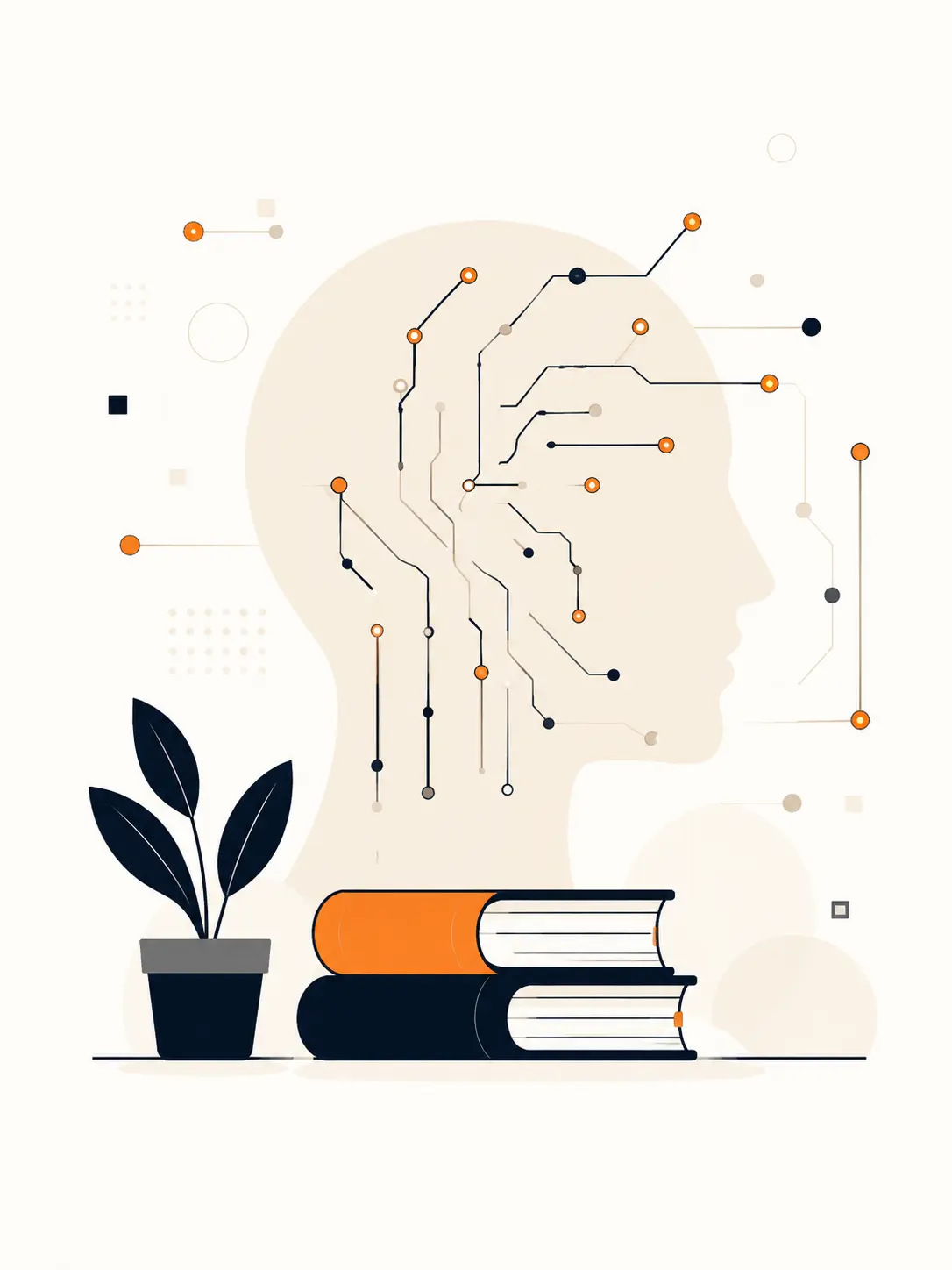 Digital learning brain illustration with books and connected technology circuits