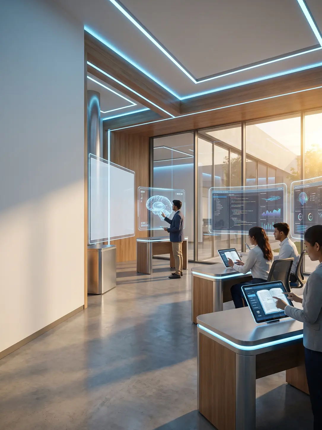 Instructor presenting an AI concept through an interactive digital display