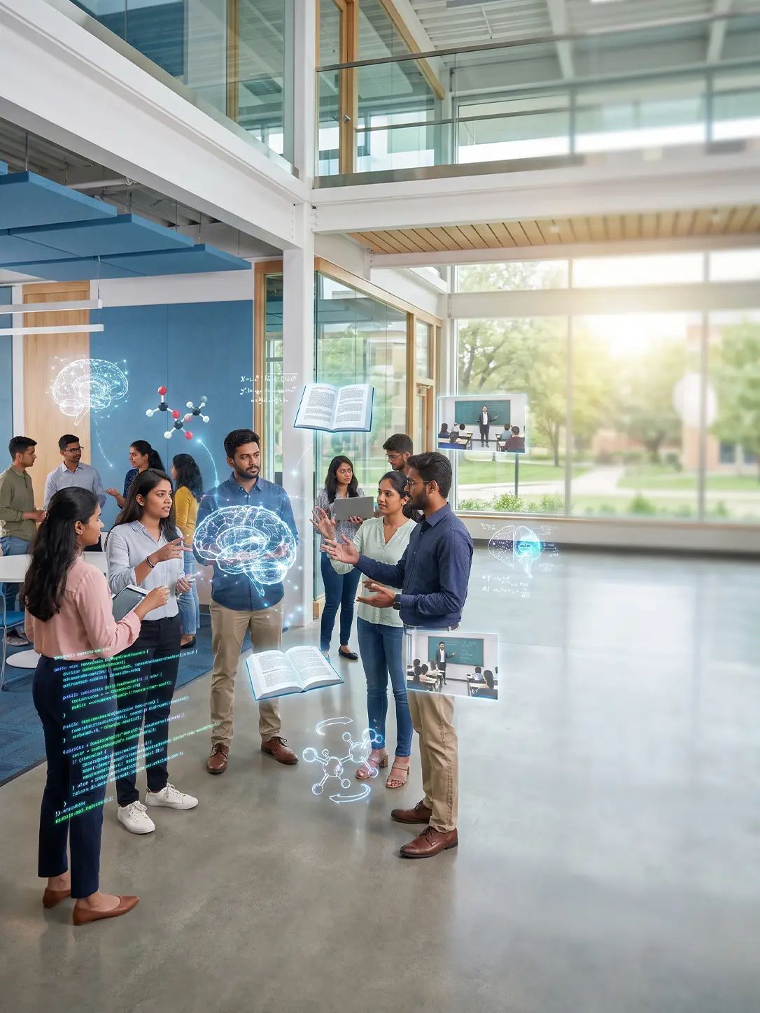 Learners discussing AI and data concepts in a modern collaborative space