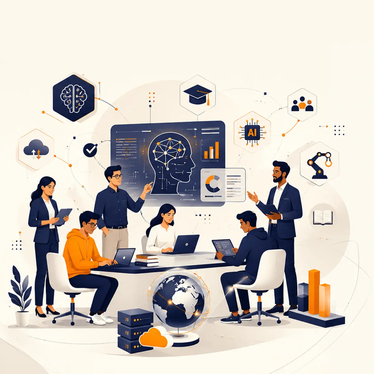 Digital learning brain illustration with books and connected technology circuits