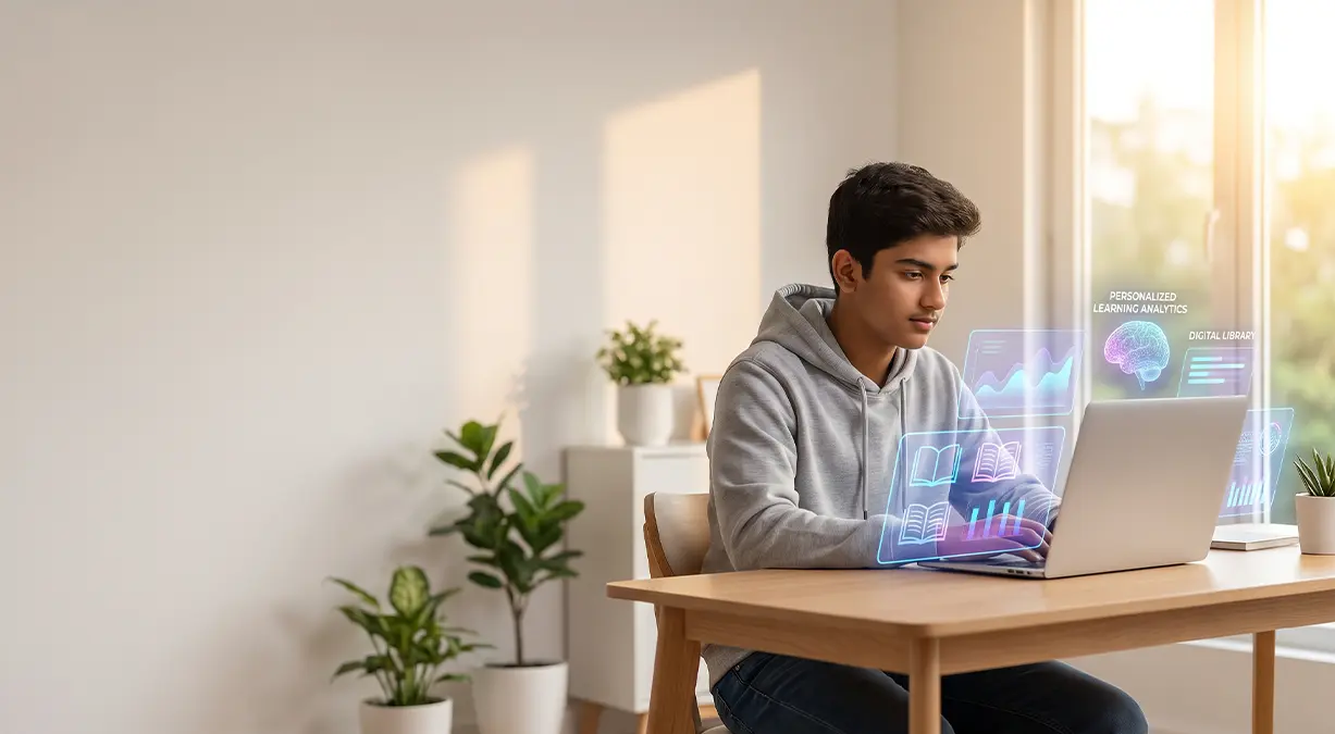 Learner engaging with personalized learning analytics and a digital library through a laptop